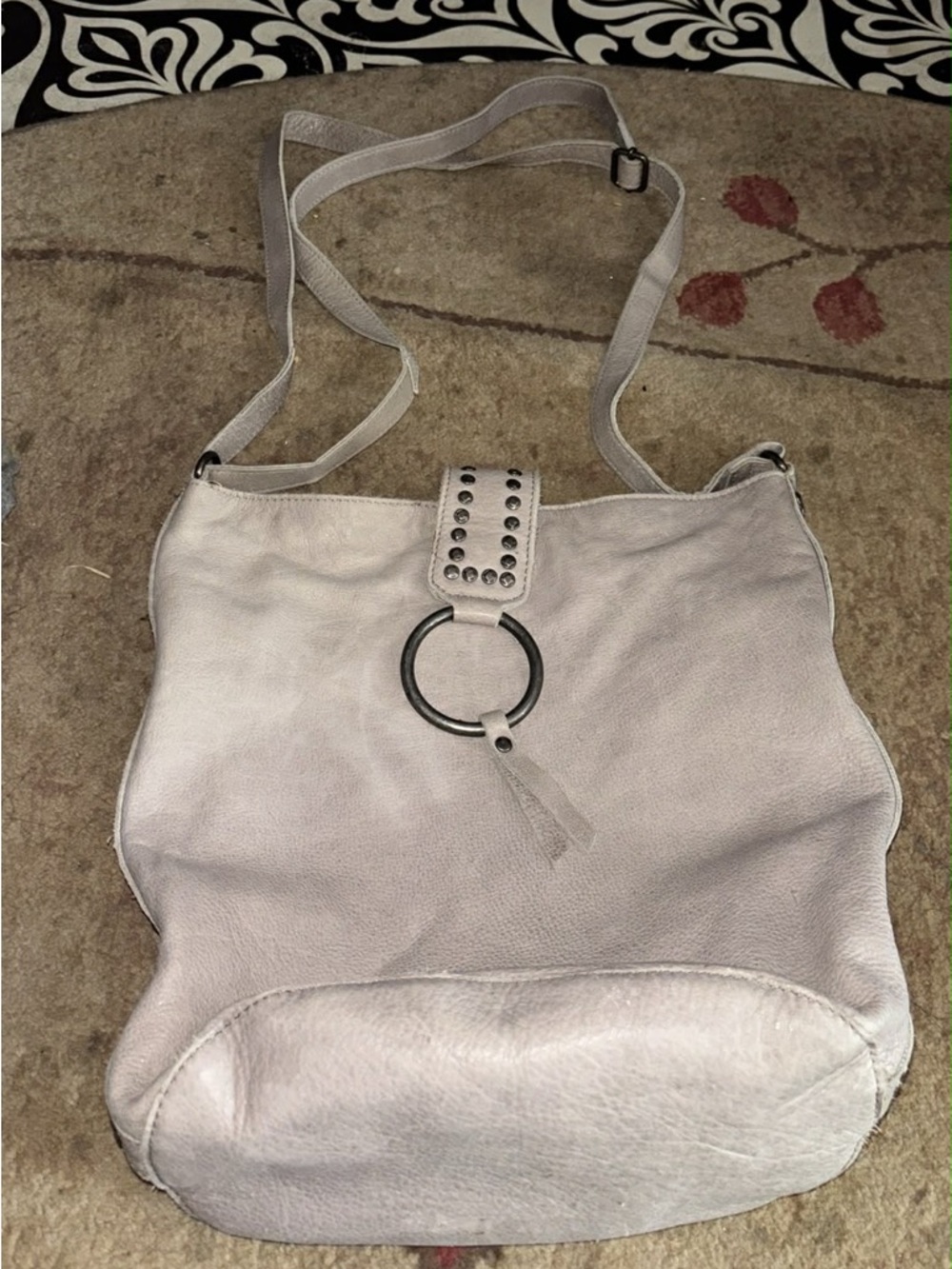 Women's Light Gray Leather Crossbody Bag with Ring Accent
